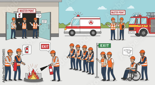 Emergency Evacuation Drill: Fire Safety, Muster Point, First Aid, and Exit Guidance