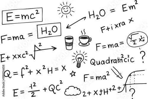 Hand-drawn science equations and doodles on white background