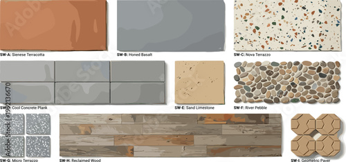 Collection of various flooring and wall surface materials including brick, concrete, terrazzo, stone, and wood plank patterns