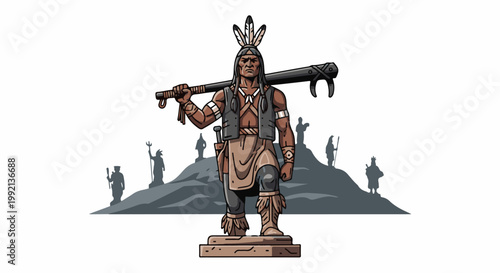 Warrior statue with feathered headdress holds a large weapon, background figures