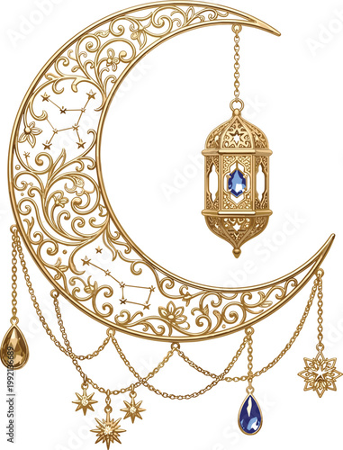 Ornate golden crescent moon with dangling celestial ornaments and a traditional lantern, evoking a sense of enchantment and nighttime wonder
