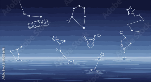 White constellations, including zodiac symbols, appear to fall into blue waters