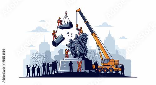 Workers dismantle a large stone statue with a crane in a city