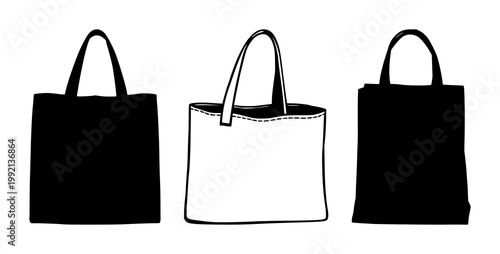 Solid black icon, white background: reusable canvas grocery bag set with simple line art design featuring simple design, minimalist, black and white with illustrations and graphics