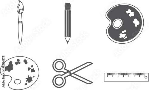 Supplies: paintbrush, pencil, palettes, scissors, ruler