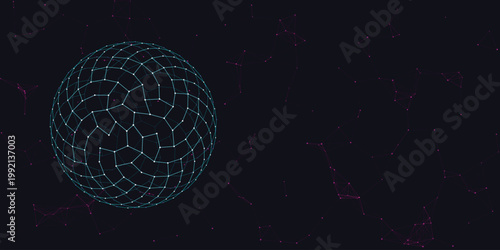 Cyber Sphere: An abstract representation of a data sphere, composed of interconnected nodes and lines, floats against a dark background, suggesting a digital network or futuristic concept. 