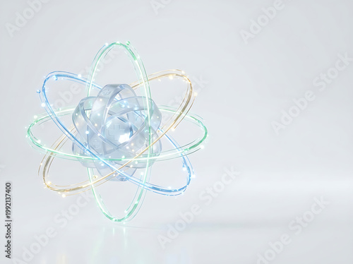 Atomic Brilliance: An illuminated atom model, showcasing orbiting pathways and the core structure, embodies the essence of scientific insight and the wonders of the universe.