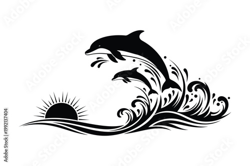 Dolphin Ocean Wave Sunset Silhouette Vector Illustration