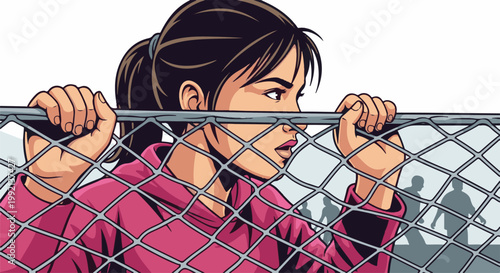 Young woman anxiously peers through chain-link fence at distant figures