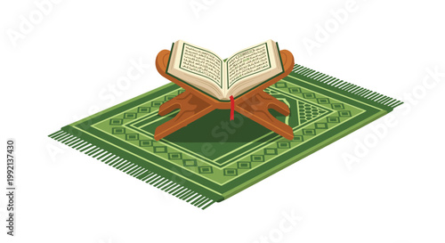 An open book with intricate Arabic calligraphy rests on a carved wooden stand placed upon a detailed green patterned prayer rug with white fringe edges.