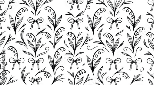 Hand drawn seamless pattern illustration of lily of the valley flowers and bows, perfect for decorative floral graphic design
