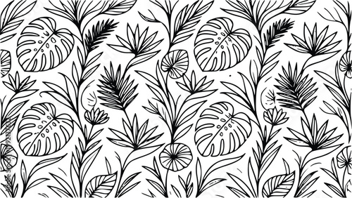 Tropical leaves pattern vector illustration featuring artistic black and white botanical foliage elements for seamless background design on fabrics textiles wallpaper or modern creative branding