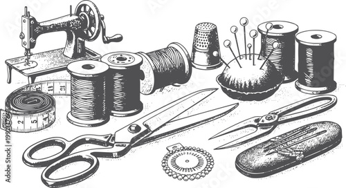 Vintage sewing machine and tools, black and white