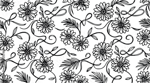 Black and white floral illustration vector graphic with swirling vines and daisy-like flowers forming a repeating seamless pattern design background.