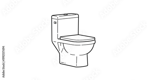 A singular detailed black line illustration of a contemporary ceramic toilet fixture with a sleek rectangular tank and lid on a pristine white background.