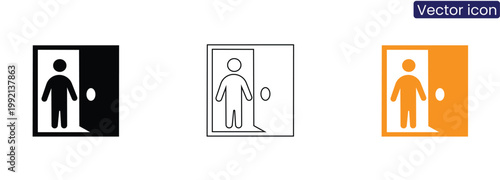 Vector icons of people entering door on white background in black, Line art, And orange