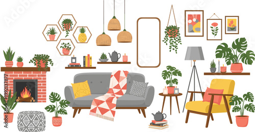 Cozy Living Room Interior Vector Set with Sofa Fireplace Plants and Home Decor Furniture Illustration Collection
