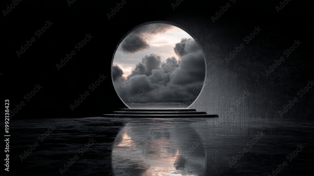 Naklejka premium Tunnel abstract dark sky door light portal exit gateway future 3D rendering of an abstract dark tunnel with glowing sky door and luminous portal representing hope, mystery and digital transition