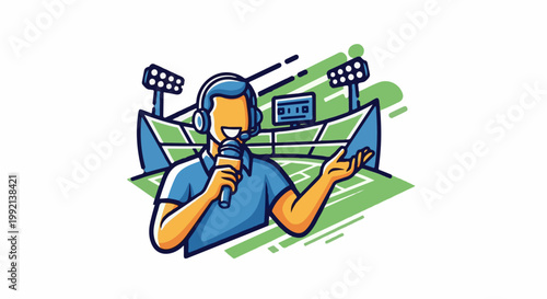 Sports commentator with microphone and headset at a stadium