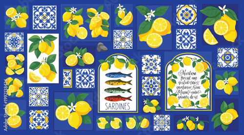 Mediterranean style seamless pattern with lemons, sardines and traditional blue and white tiles