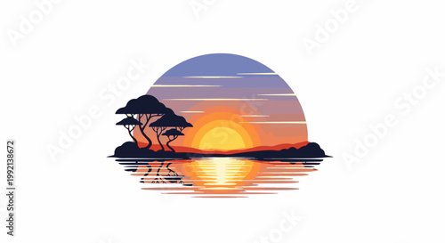 Stylized sunset over water with silhouetted trees and hills