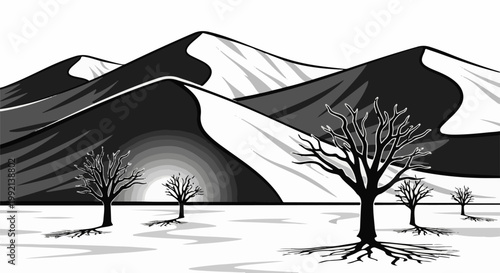 Stark desert landscape with leafless trees and rolling dunes under a gradient sky