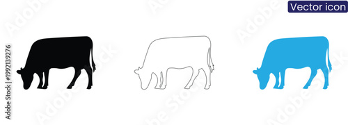 Cow silhouettes in black, White, And blue on white background vector icons