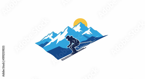 Silhouette skier descending snowy mountain slope under sun