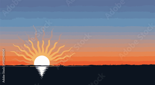 Sun setting over the ocean with reflection and layered sky