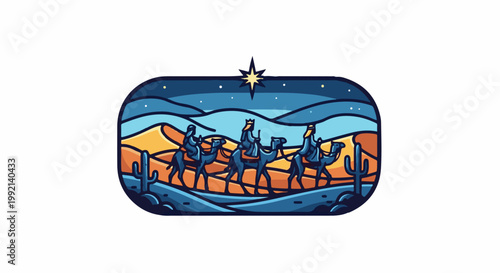 Three travelers on camels journey under a star in a desert