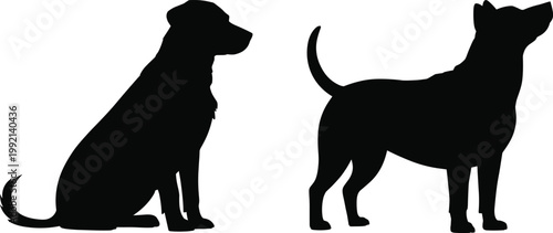 Dog silhouettes set isolated on white background, side view of sitting and standing dogs, representing pets, domestic animals, canine breeds, and veterinary or pet care design use