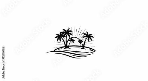 Tropical island with palm trees and a setting sun over waves