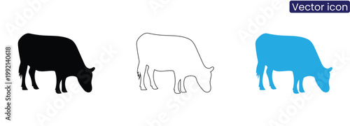 Cow icons in black, Line art, And blue on white background, Vector illustration