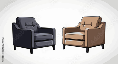 Two upholstered armchairs, one dark grey, one tan, against a white background