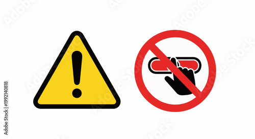 Two warning signs, one yellow triangle with exclamation mark, one red circle with finger