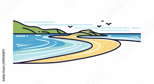 Stylized illustration of a curving sandy beach with green hills and birds