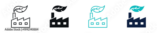 Eco factory icon set, sustainable industry green energy production plant with leaf symbol, outline and solid and color style. Vector illustration.