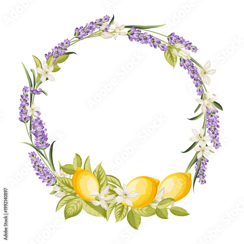 Lavender and lemon wreath on white background