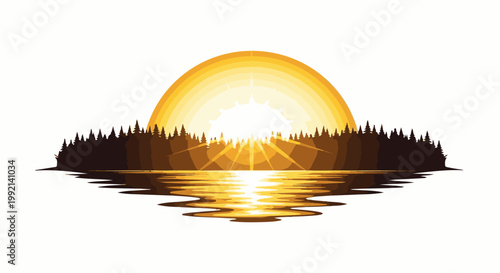 Vibrant sunset over tranquil forest and shimmering water reflection