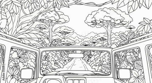 View through a vehicle window driving through a lush jungle landscape
