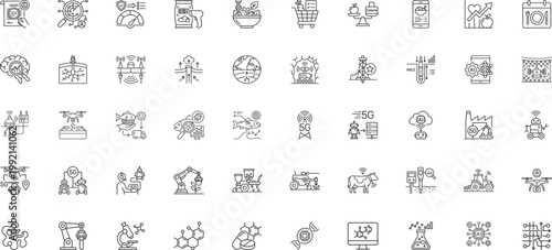 Agriculture and healthcare innovation icons featuring smart farming and biotech