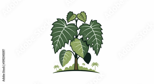 Stylized green tree with large leaves and palm trees