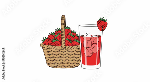 Wicker basket overflowing with fresh strawberries next to a tall glass of red strawberry drink