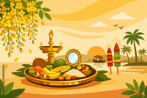 Happy Vishu Festival Greeting Card Vector Illustration with Vishukkani Arrangement, Golden Shower Flowers, Traditional Lamp, Mirror, Fruits, and Fireworks in a Kerala Landscape Background.