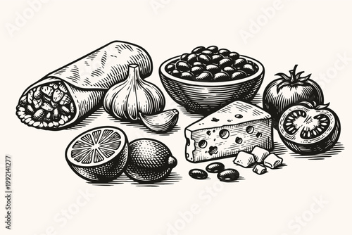 Hand-drawn vector illustration of Mexican cuisine ingredients including a burrito, bowl of black beans, garlic, wedge of cheese, lime, and tomatoes in a vintage woodcut engraving style.