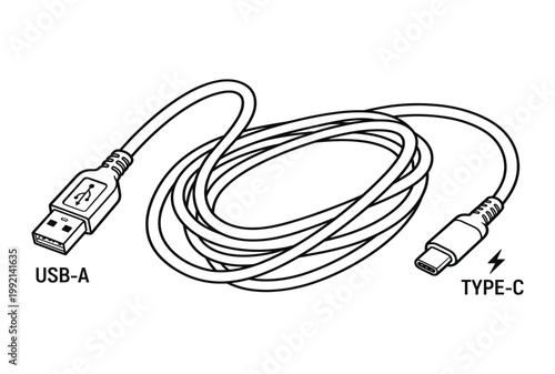 USB A and Type C cable coiled and uncoiled connected device technology accessory.