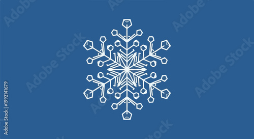 Stylized white snowflake graphic against a solid blue background