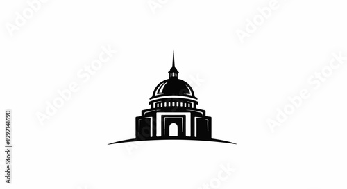 Stylized silhouette of a domed building with a spire on a curved base