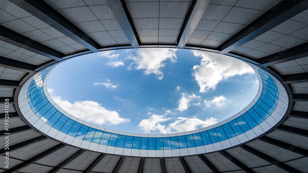 Fototapeta premium Oval skylight ceiling with blue sky and clouds in modern building