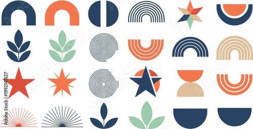 Abstract Geometric Shapes Collection with Arches, Stars, Sunbursts, Leaves, and Minimal Modern Elements for Branding, Logo Design, and Creative Illustration
